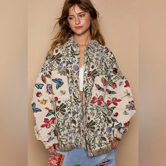 100.POL multicolor jacket Shacket Oversized Butterfly Floral Jacquard - Picture 4 of 7